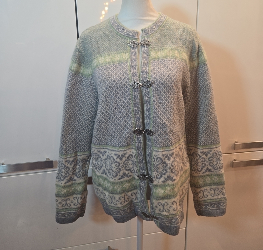 Fair Isle Nordic Wool Silver Hook Cardigan Jacket Green Gray Size Small Womens